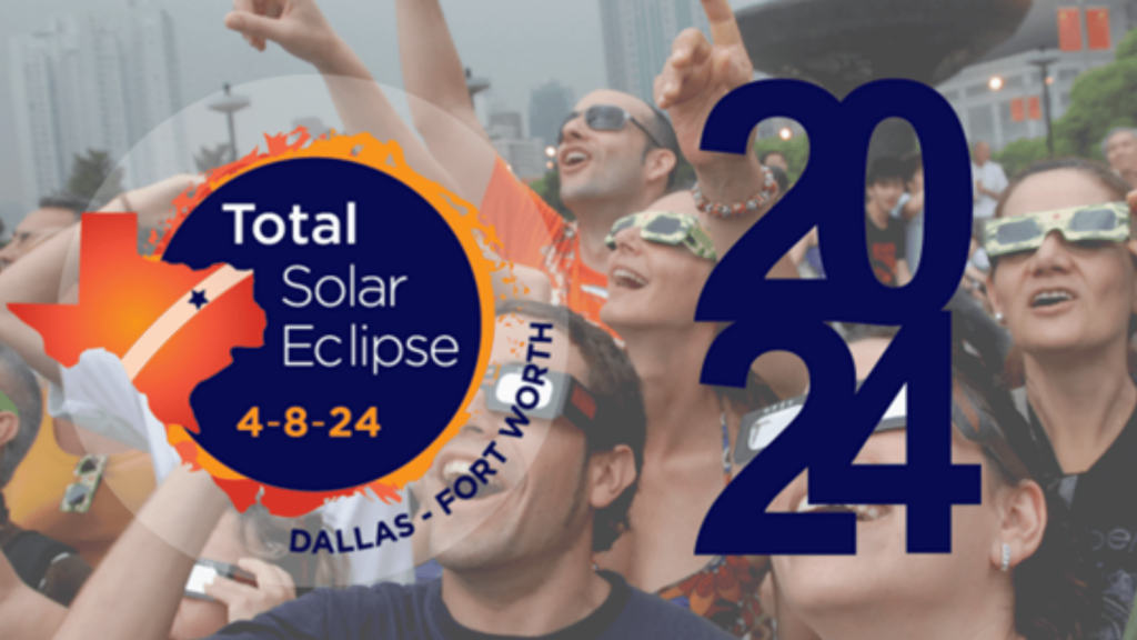 Total Eclipse DFW logo with a photo of a crowd of people wearing eclipse glasses.