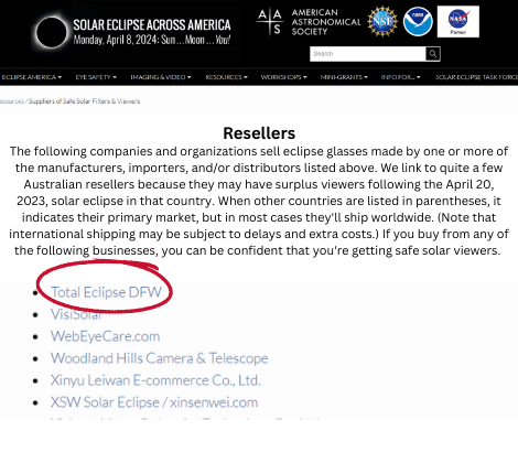 Screenshot of AAS website for safe solar eclipse glasses' 
