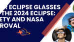 Colorful banner with two children and one dog wearing solar eclipse glasses