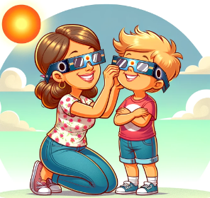 Mom and son wearing eclipse glasses