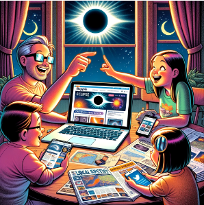 Vector drawing of a family at the kitchen table researching total eclipses.