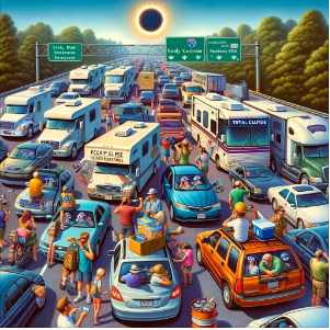 vector drawing of people outside in carswith a total eclipse